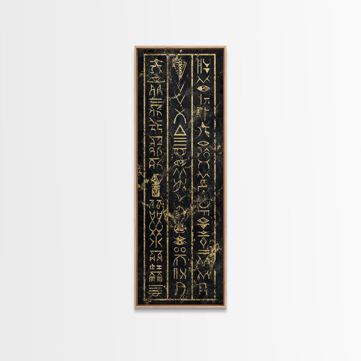 Gold Ancient African Glyphs On Black Wall Art, Tribal Hieroglyphic Canvas, Afrocentric Decor, Cultural Home Decor Gift For Living Room
