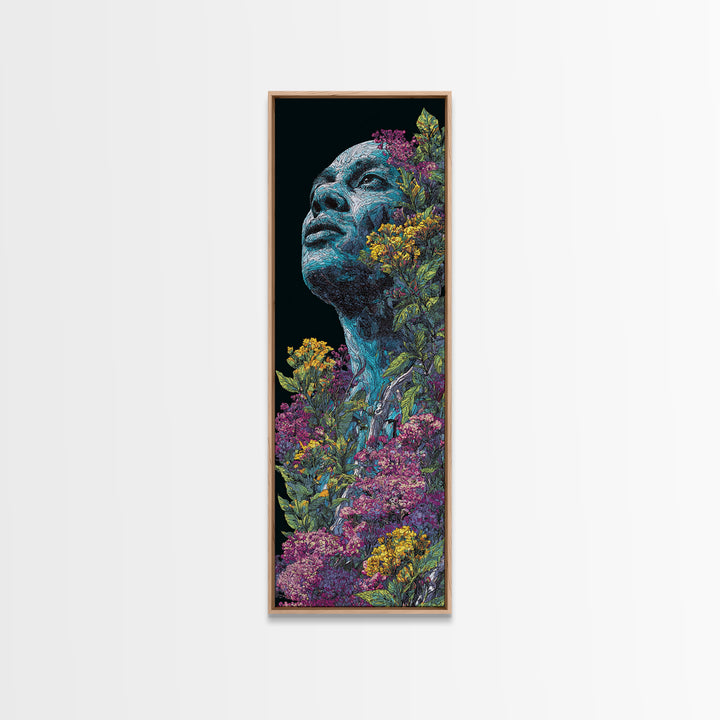 Blue Floral African Portrait Wall Art, Black Man Nature Canvas, Afrocentric Artwork, Contemporary Home Decor Gift For Living Room