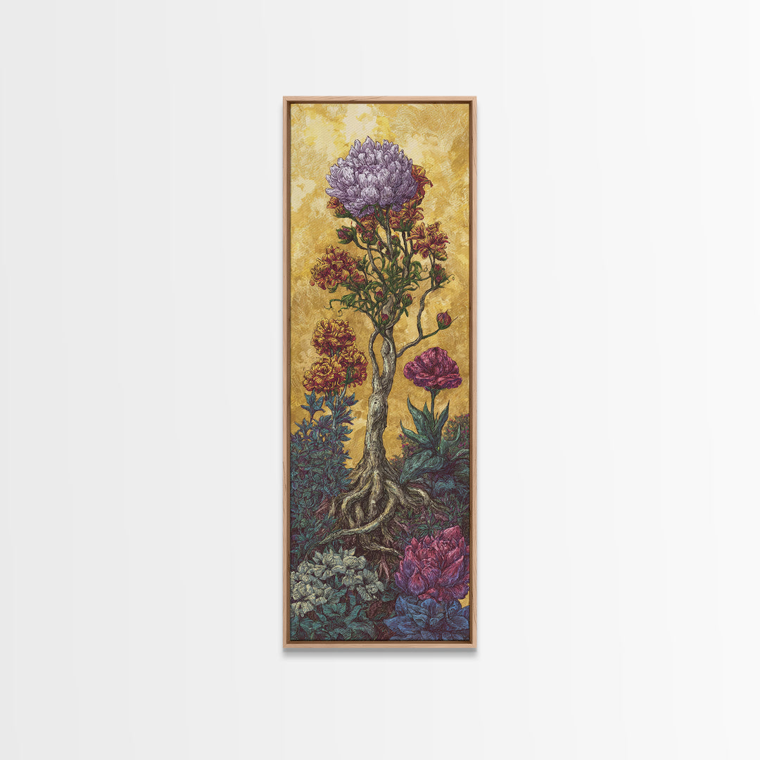 Golden Surreal African Flowering Tree Canvas Print, Botanical Wall Decor, Nature Scene Art, Elegant Home Decor Gift For Living Room