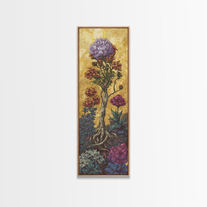Golden Surreal African Flowering Tree Canvas Print, Botanical Wall Decor, Nature Scene Art, Elegant Home Decor Gift For Living Room