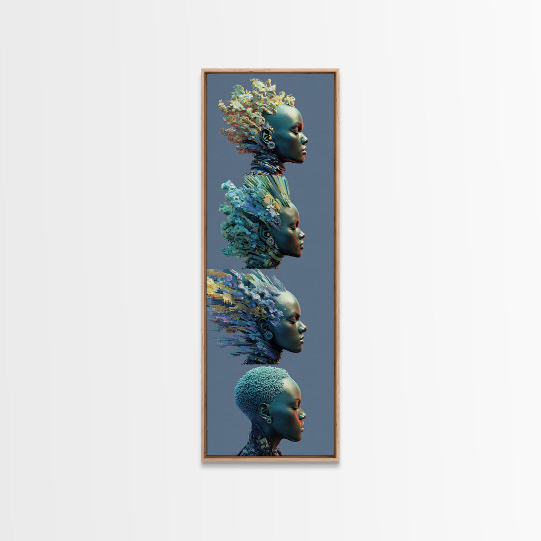 Four Blue African Women In Profile With Floral Hair Framed Canvas Print, Afrocentric Wall Art, Black Beauty Portrait Decor
