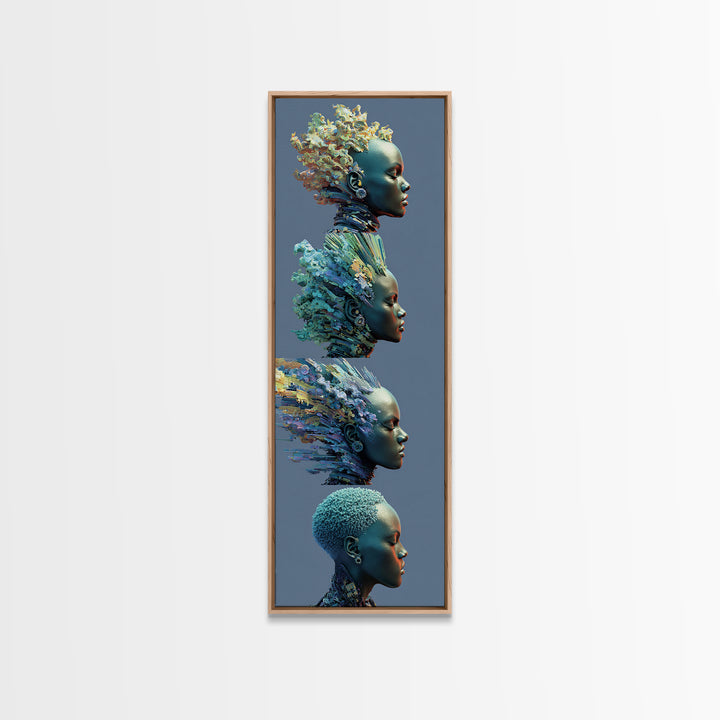 Four Blue African Women In Profile With Floral Hair Framed Canvas Print, Afrocentric Wall Art, Black Beauty Portrait Decor