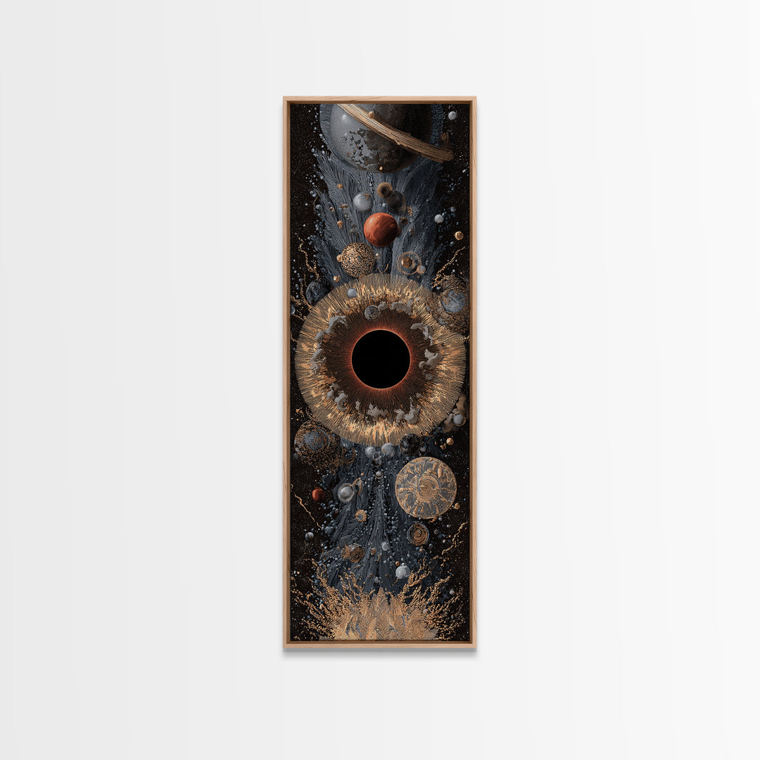 Cosmic Black Hole With Gold Planets And Textured Orbit Canvas Print, Abstract Wall Art, Modern Space Decor, Luxury Art Gift