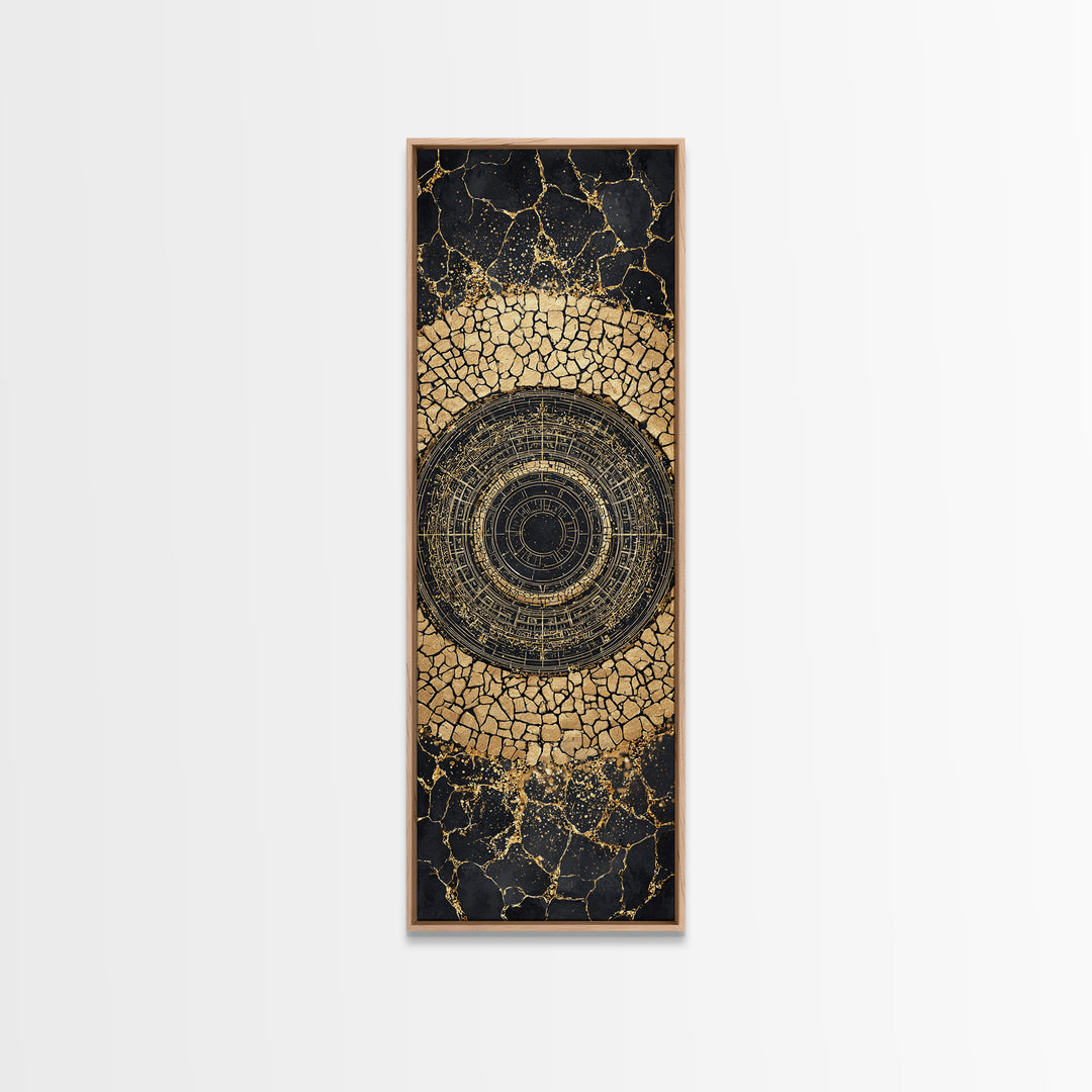 Cracked Gold Circular Mandala On Black Stone Wall Art, Geometric Canvas Print, African Inspired Decor, Bold Statement Gift