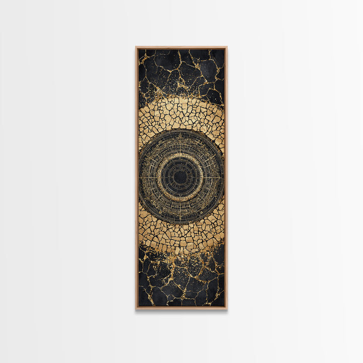 Cracked Gold Circular Mandala On Black Stone Wall Art, Geometric Canvas Print, African Inspired Decor, Bold Statement Gift
