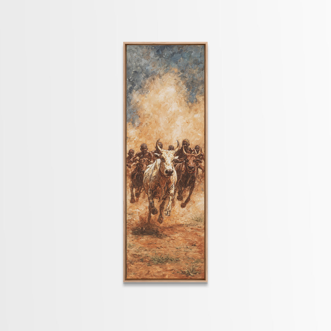 Dusty African Cattle Charge With Warriors Wall Art, Afrocentric Safari Painting, Tribal Culture Decor, Large Canvas Print