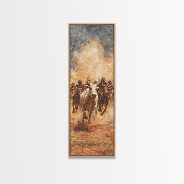 Dusty African Cattle Charge With Warriors Wall Art, Afrocentric Safari Painting, Tribal Culture Decor, Large Canvas Print