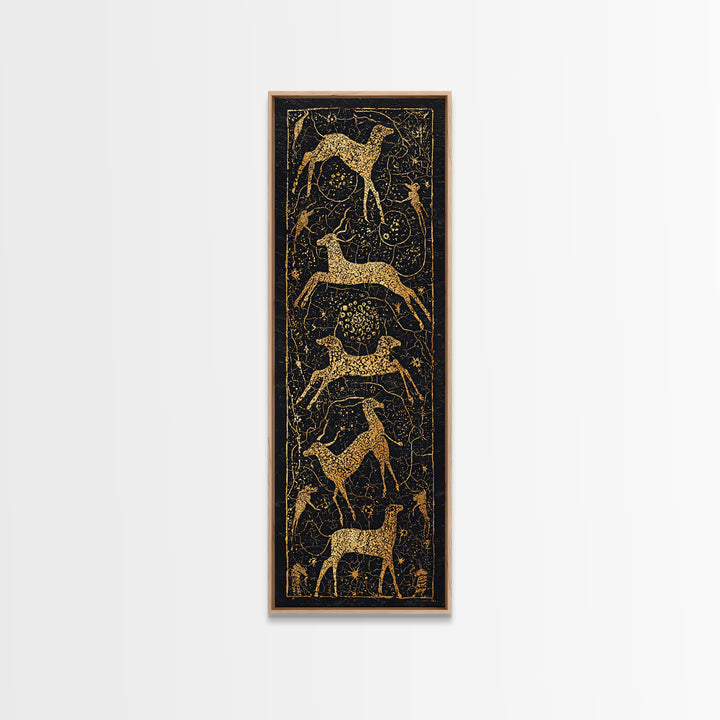 Gold Giraffe And Antelope Tribal Pattern Canvas Print, African Safari Wall Art, Black Gold Decor, Ethnic Textile Inspired Style