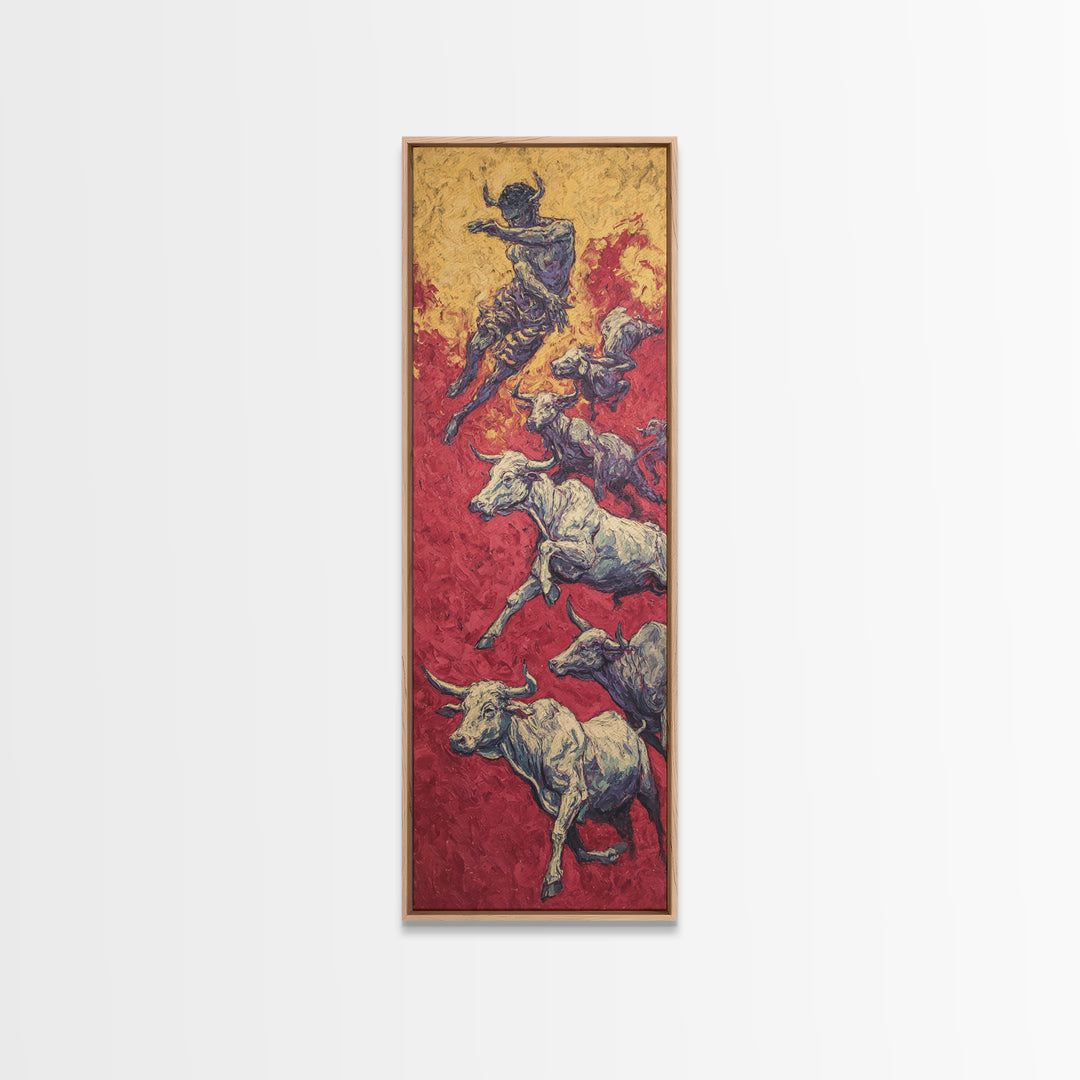 Leaping Bull Rider Over White Cattle Wall Art, African Warrior Art Canvas Print, Red Ochre Safari Decor, Bold Ethnic Gift