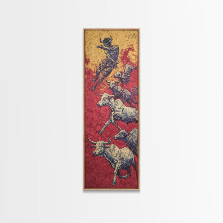Leaping Bull Rider Over White Cattle Wall Art, African Warrior Art Canvas Print, Red Ochre Safari Decor, Bold Ethnic Gift