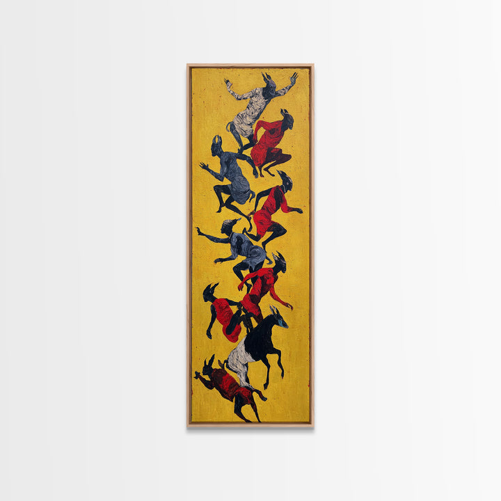 Yellow Abstract Dancers And Goats Canvas Print, African Tribal Art Wall Art, Red Black Ethnic Decor, Modern Culture Gift