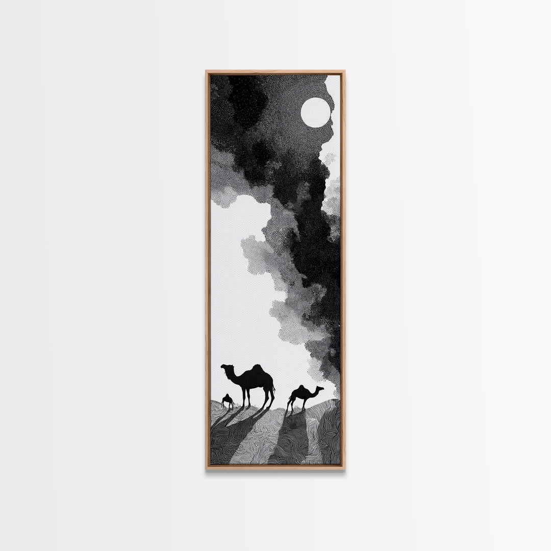 Black And White Desert Camels Under Sun Wall Art, African Landscape Canvas Print, Minimalist Safari Decor, Boho Travel Gift