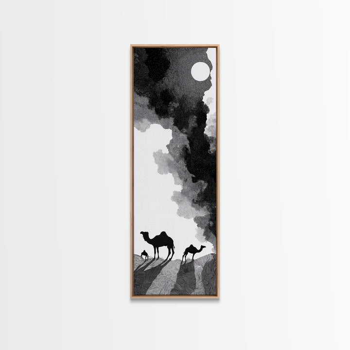 Black And White Desert Camels Under Sun Wall Art, African Landscape Canvas Print, Minimalist Safari Decor, Boho Travel Gift