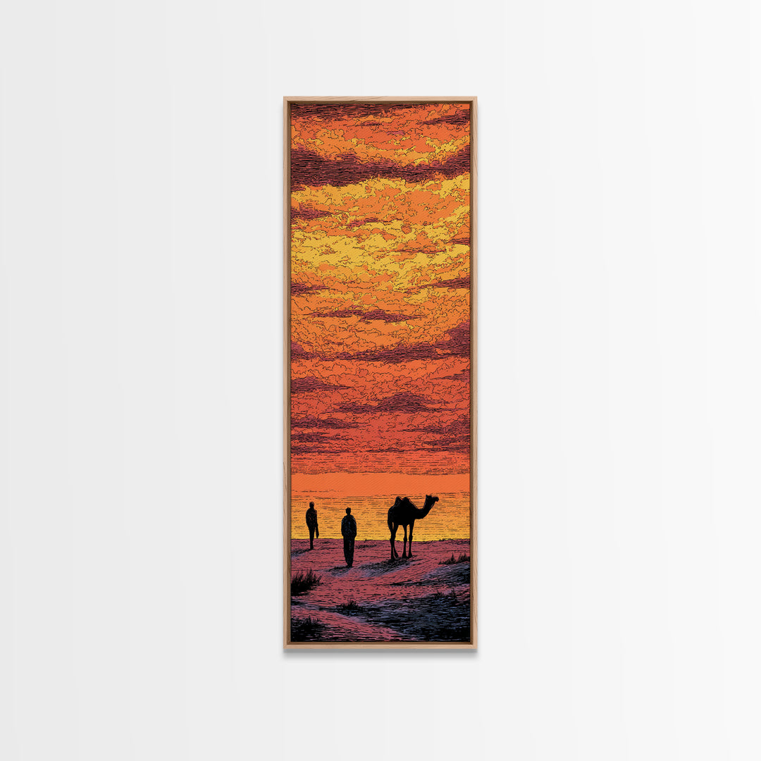 Orange Sahara Sunset With Camel Silhouettes Canvas Print, African Landscape Wall Art, Desert Travel Decor, Warm Boho Gift