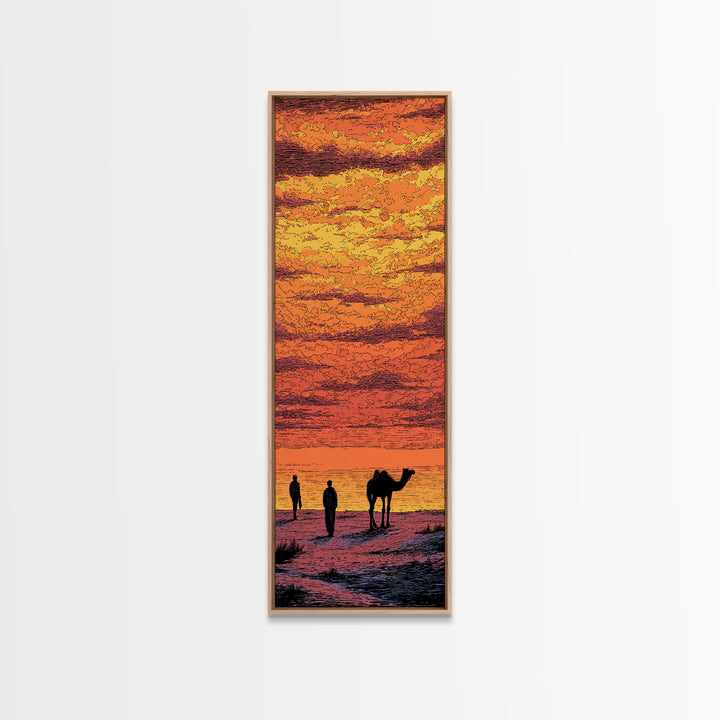 Orange Sahara Sunset With Camel Silhouettes Canvas Print, African Landscape Wall Art, Desert Travel Decor, Warm Boho Gift