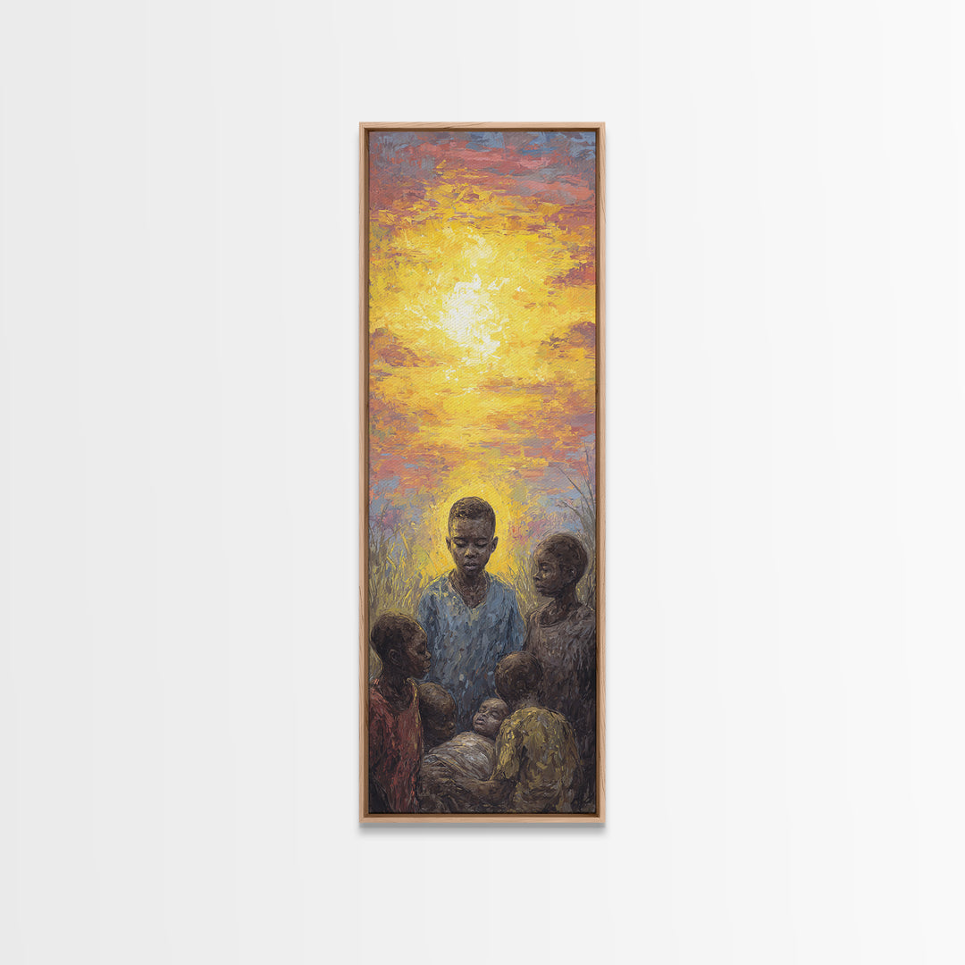 African Children Gathered In Golden Sunset Wall Art, Black Family Art, Motherland Portrait, Warm Cultural Home Decor Gift