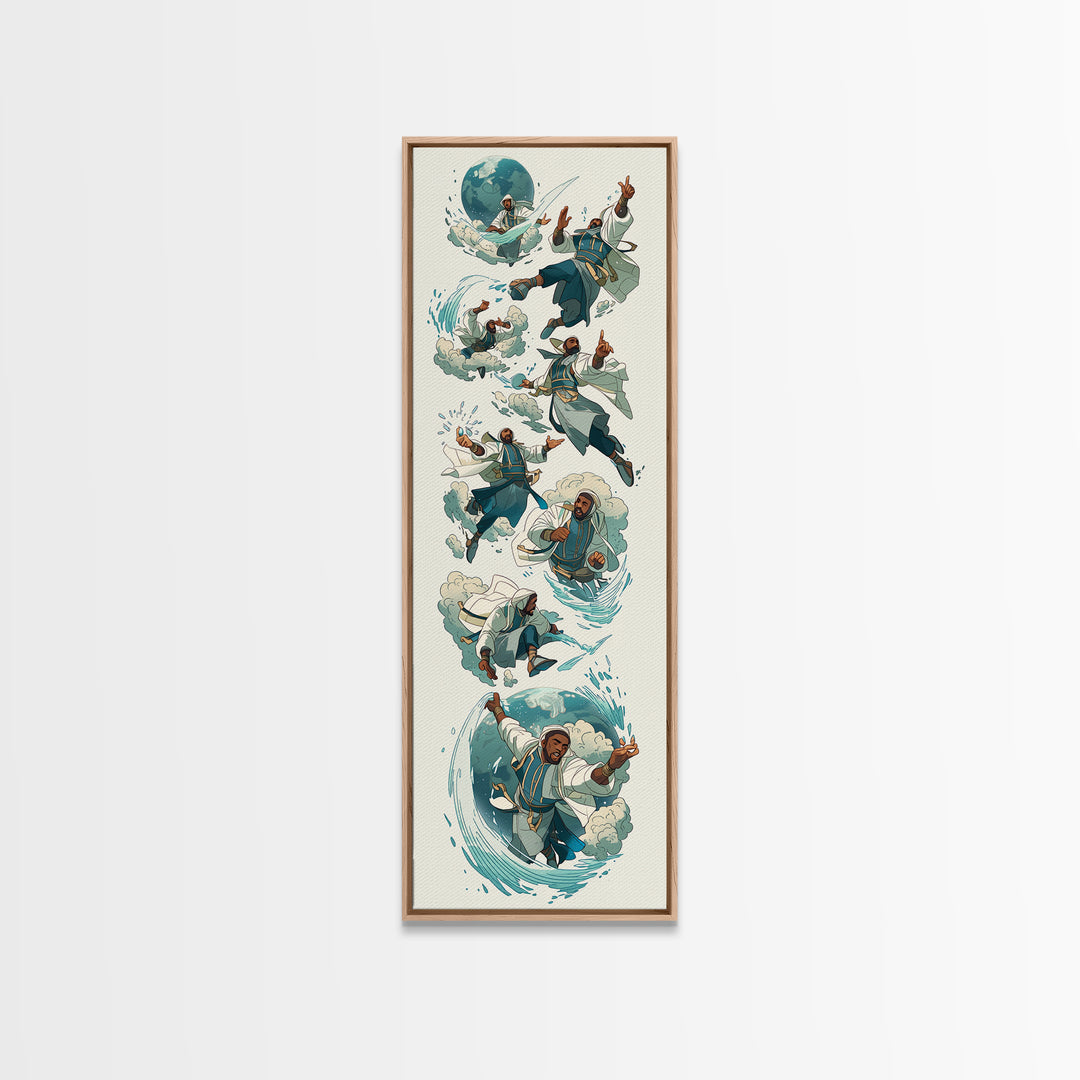 Whimsical Martial Artist Canvas Print, Water And Wind Adventure Art, Playful Fantasy Wall Decor, Unique Kids Room Art Gift