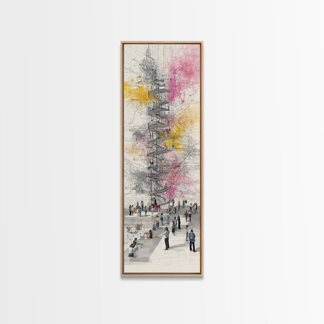Spiral Tower In Blooming City Framed Canvas Print, Architectural Wall Art, Urban People Scene, Modern Office Decor Gift For Him