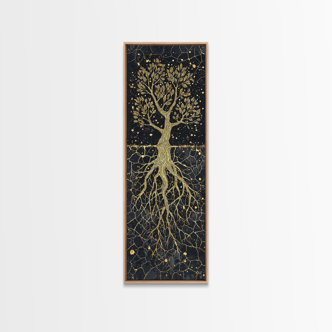 Golden Rooted Tree Of Life Framed Canvas Print, African Abstract, Black And Gold Art, Spiritual Wall Decor, Statement Piece
