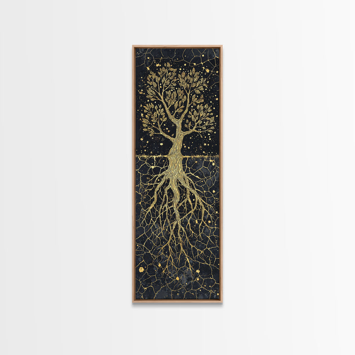 Golden Rooted Tree Of Life Framed Canvas Print, African Abstract, Black And Gold Art, Spiritual Wall Decor, Statement Piece