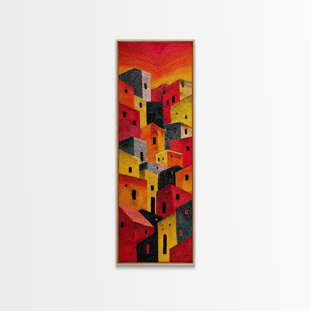 Bold Sunlit Geometric Village Wall Art, African Inspired Decor, Colorful Abstract Painting, Modern Boho Canvas Print Gift