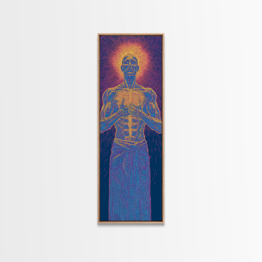 Glowing Anatomical Prayer Male Energy Figure Canvas Print, Spiritual Wall Art, Abstract Black Art, Meditation Room Decor Gift