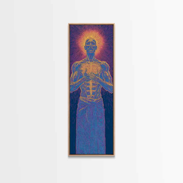 Glowing Anatomical Prayer Male Energy Figure Canvas Print, Spiritual Wall Art, Abstract Black Art, Meditation Room Decor Gift