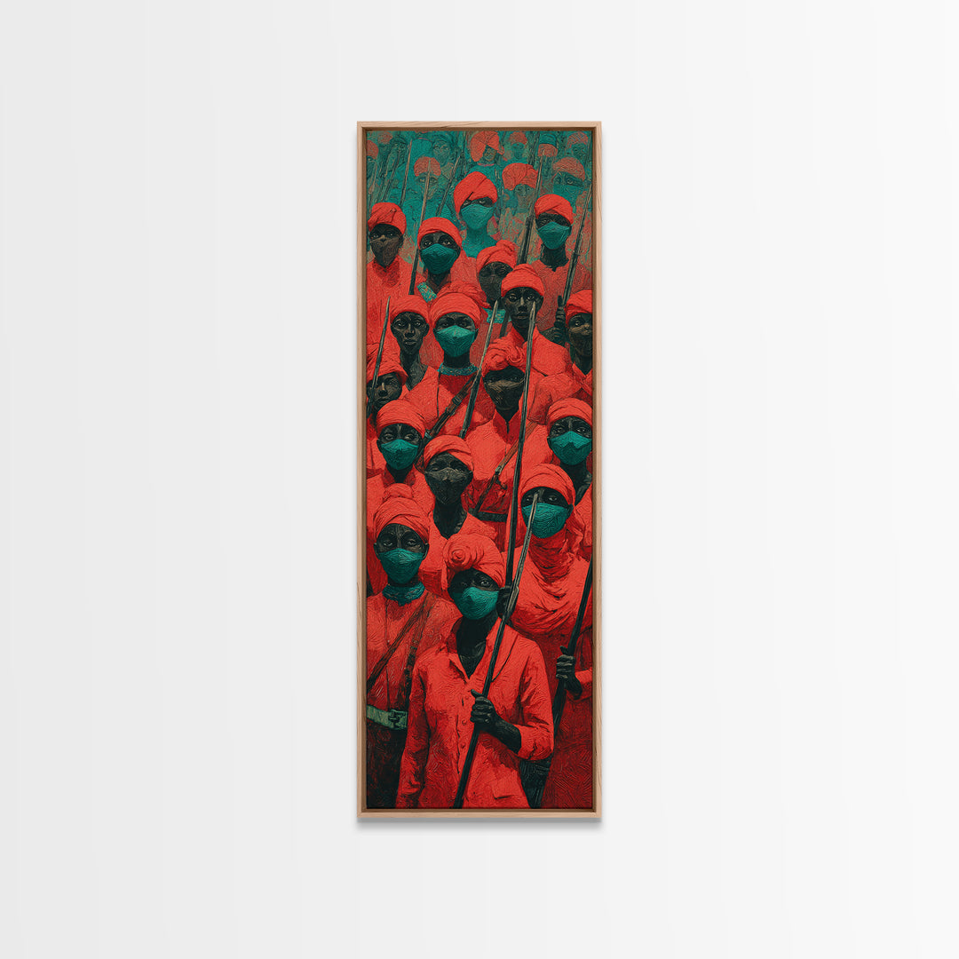 Red Hooded Spear Bearers Procession Wall Art, African Warrior Art, Tribal Decor, Cultural Wall Decor, Bold Canvas Print Gift