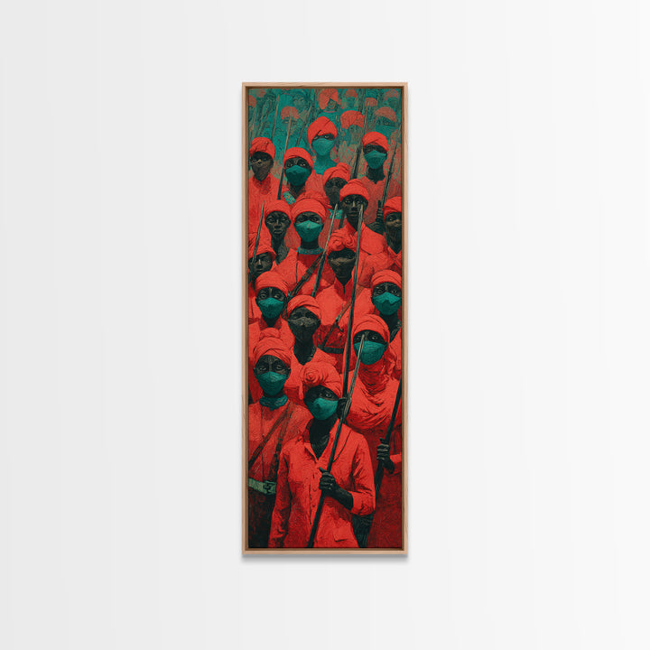 Red Hooded Spear Bearers Procession Wall Art, African Warrior Art, Tribal Decor, Cultural Wall Decor, Bold Canvas Print Gift