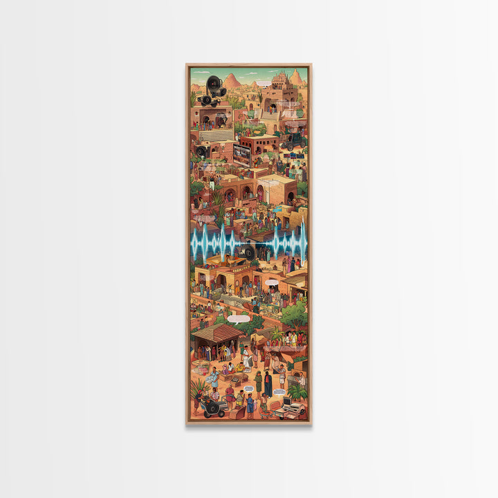Bustling African Market City Wall Art, Pixel Style Cultural Canvas Decor, Afrocentric Travel Poster, Vibrant Statement Print