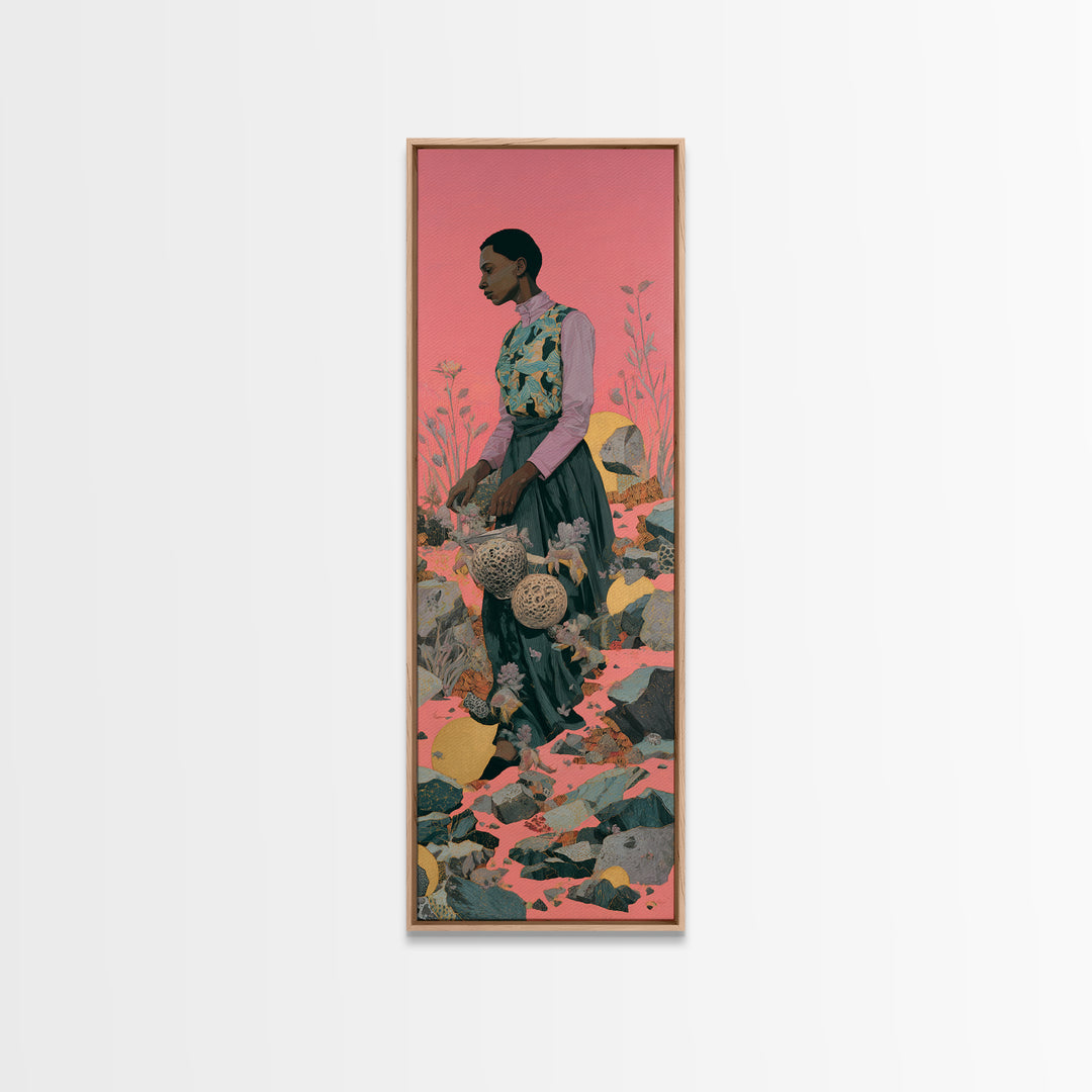 Elegant Black Woman In Floral Garden Framed Canvas Print, African Woman Art, Feminine Wall Decor, Melanin Portrait Gift For Her