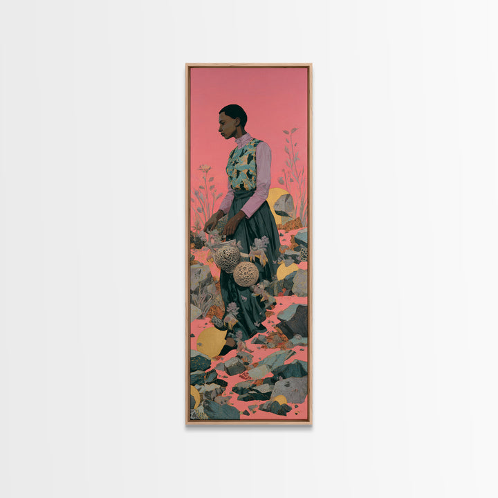 Elegant Black Woman In Floral Garden Framed Canvas Print, African Woman Art, Feminine Wall Decor, Melanin Portrait Gift For Her