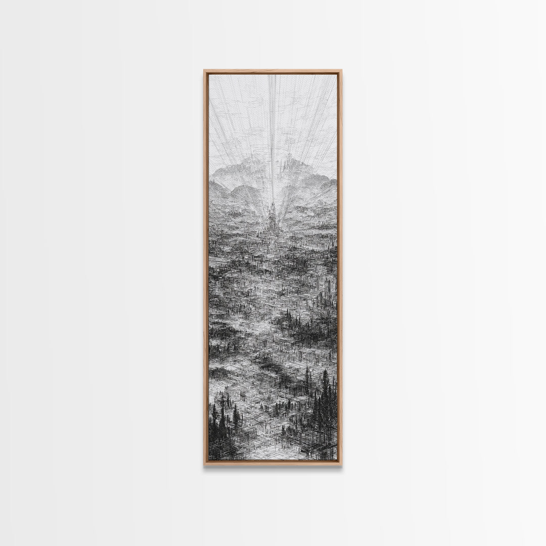 Monochrome Futuristic City Spire Canvas Print, Abstract Urban Architecture Wall Decor, Minimalist Black And White Art Poster