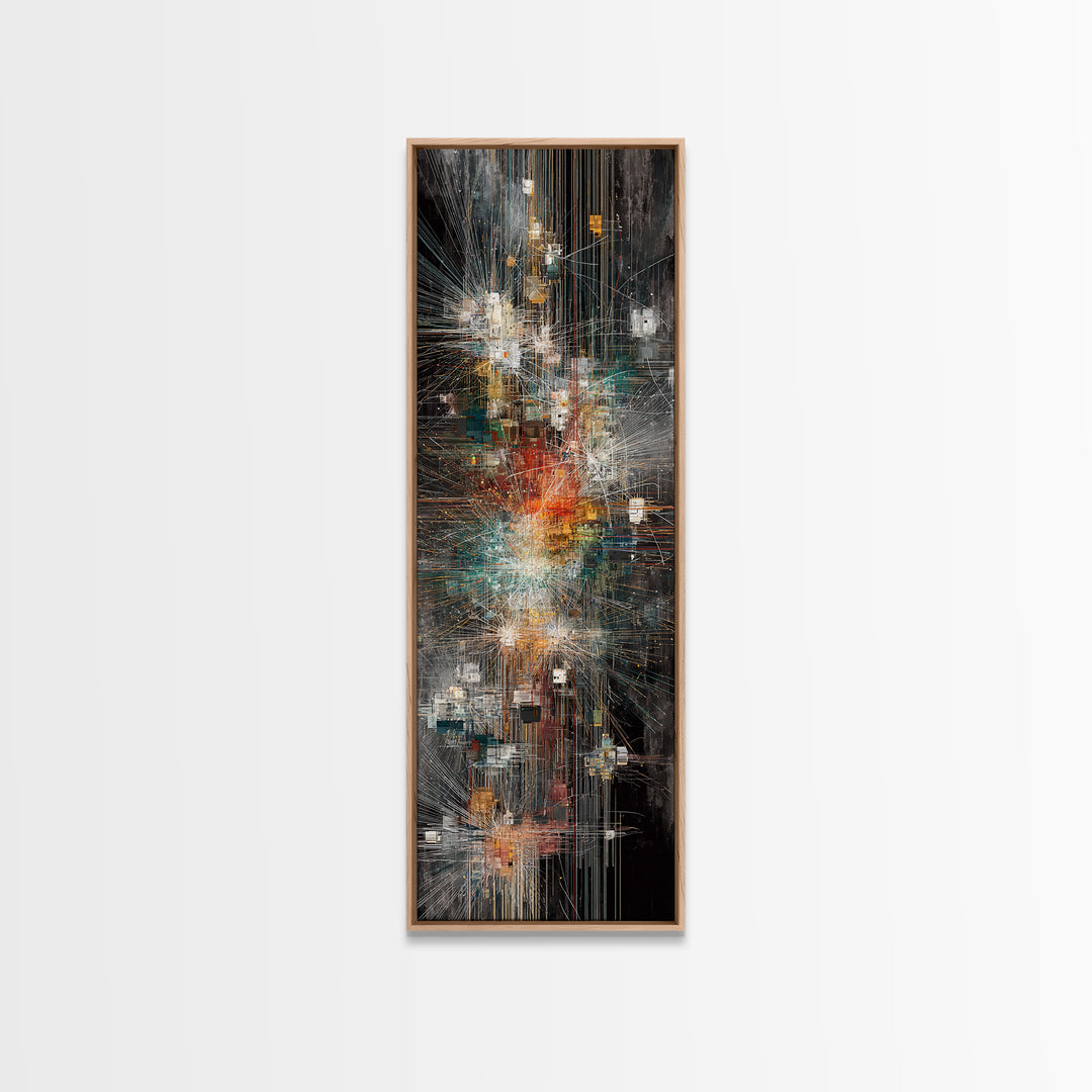 Dark Futuristic City Lights Framed Canvas Print, Abstract Urban Wall Art, Modern Black Gold Teal Statement Decor For Living Room