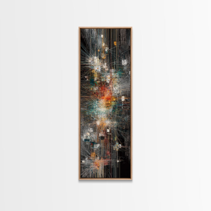 Dark Futuristic City Lights Framed Canvas Print, Abstract Urban Wall Art, Modern Black Gold Teal Statement Decor For Living Room