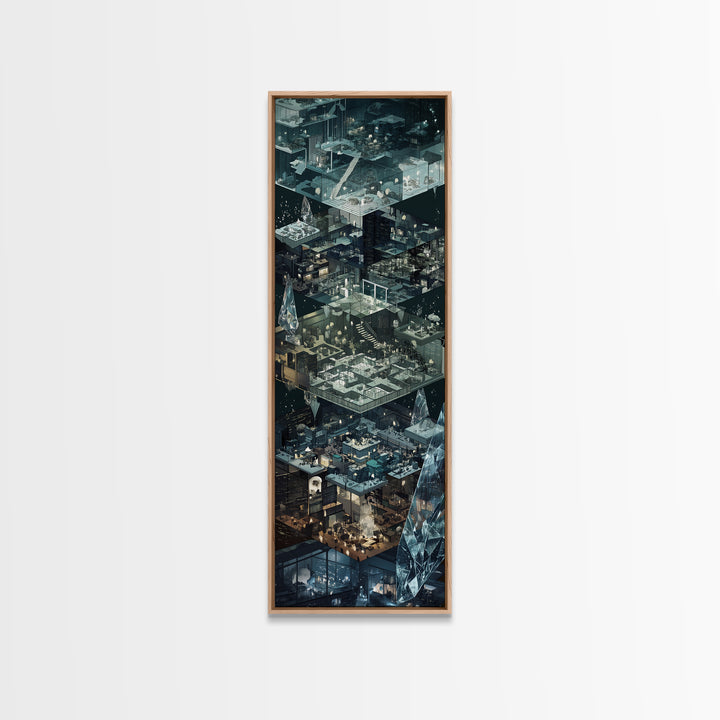 Floating Crystal Interior Architecture Wall Art, Futuristic Isometric Rooms Print, Modern Blue Gray Sci Fi Home Decor Gift