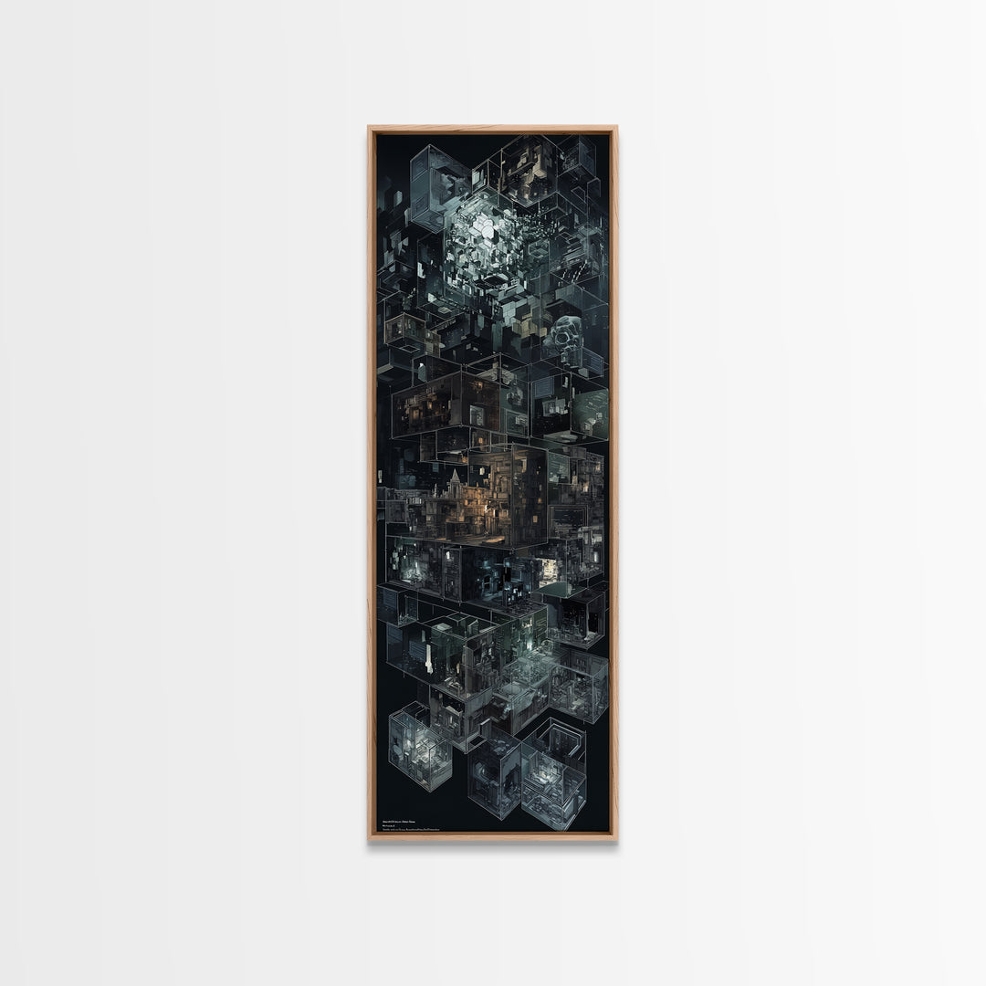 Dark Isometric Cyberpunk City Blocks Canvas Print, Futuristic Architecture Wall Decor, Modern Black Sci Fi Art Poster Gift