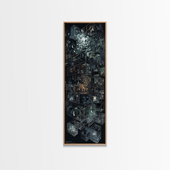 Dark Isometric Cyberpunk City Blocks Canvas Print, Futuristic Architecture Wall Decor, Modern Black Sci Fi Art Poster Gift