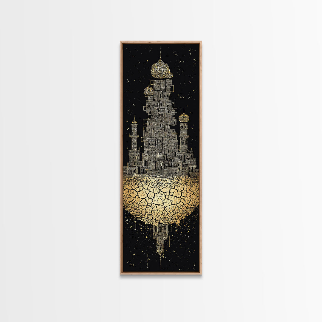 Golden Floating Afro Futurist Castle, Black And Gold African Wall Art, Luxury Canvas Print, Statement Home Decor Gift For Living Room
