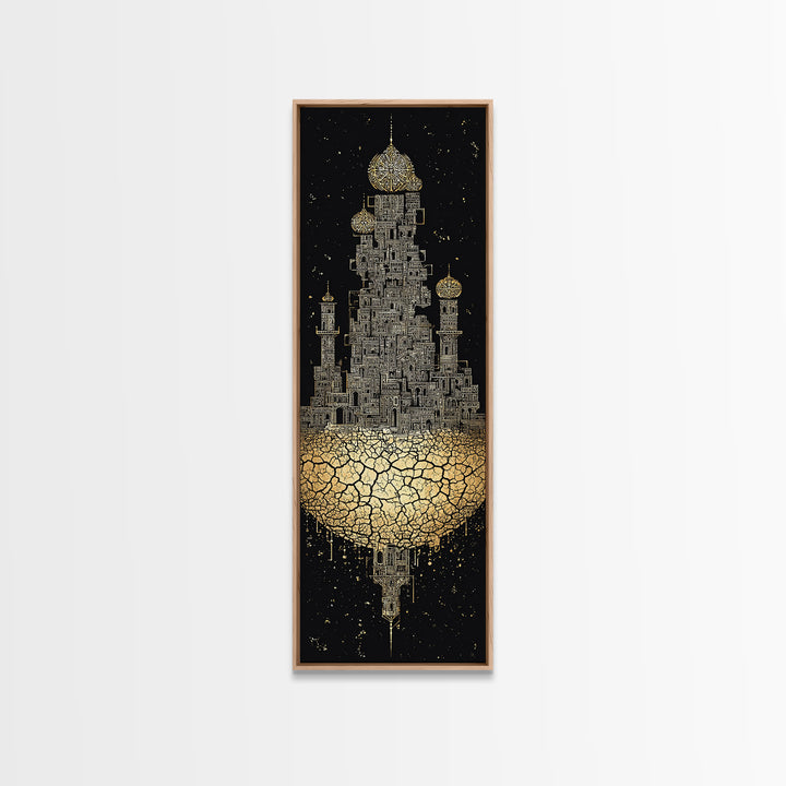 Golden Floating Afro Futurist Castle, Black And Gold African Wall Art, Luxury Canvas Print, Statement Home Decor Gift For Living Room