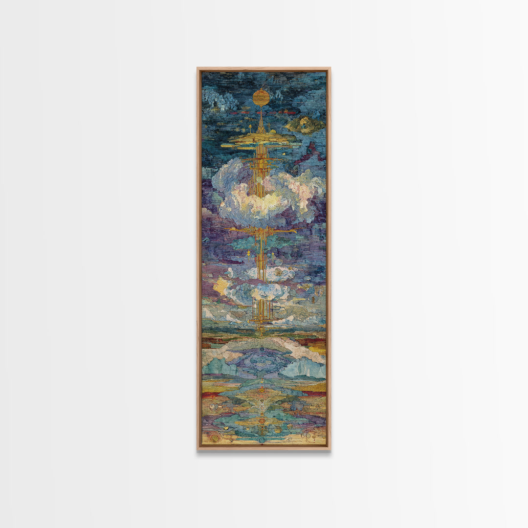 Floating Golden Temple In Clouds Wall Art, Mystical Landscape Art Print, Blue Gold Statement Decor, Modern Canvas Art Gift