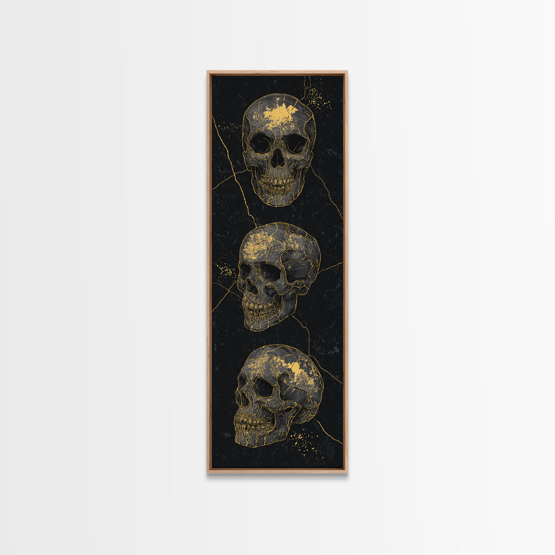 Three Gold Skulls On Black Canvas Print, Gothic Anatomy Wall Art, Dark Luxury Decor, Macabre Statement Gift For Him Home Decor
