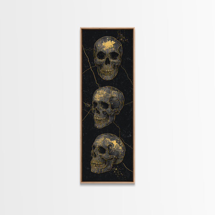 Three Gold Skulls On Black Canvas Print, Gothic Anatomy Wall Art, Dark Luxury Decor, Macabre Statement Gift For Him Home Decor