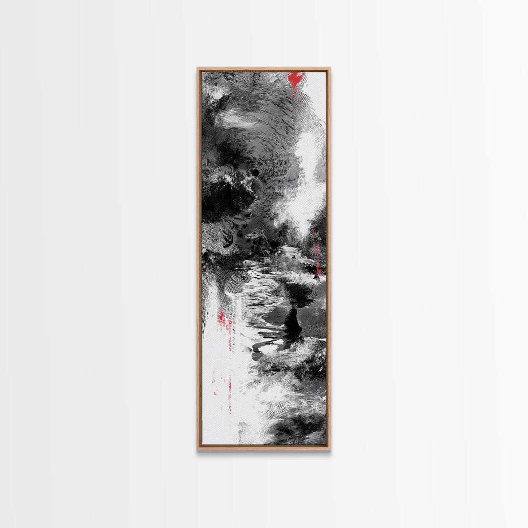 Black And White Abstract River Figure Wall Art, African Abstract Painting, Modern Ink Texture Decor With Red Accents Fine Art Print