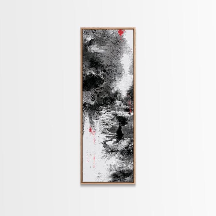 Black And White Abstract River Figure Wall Art, African Abstract Painting, Modern Ink Texture Decor With Red Accents Fine Art Print