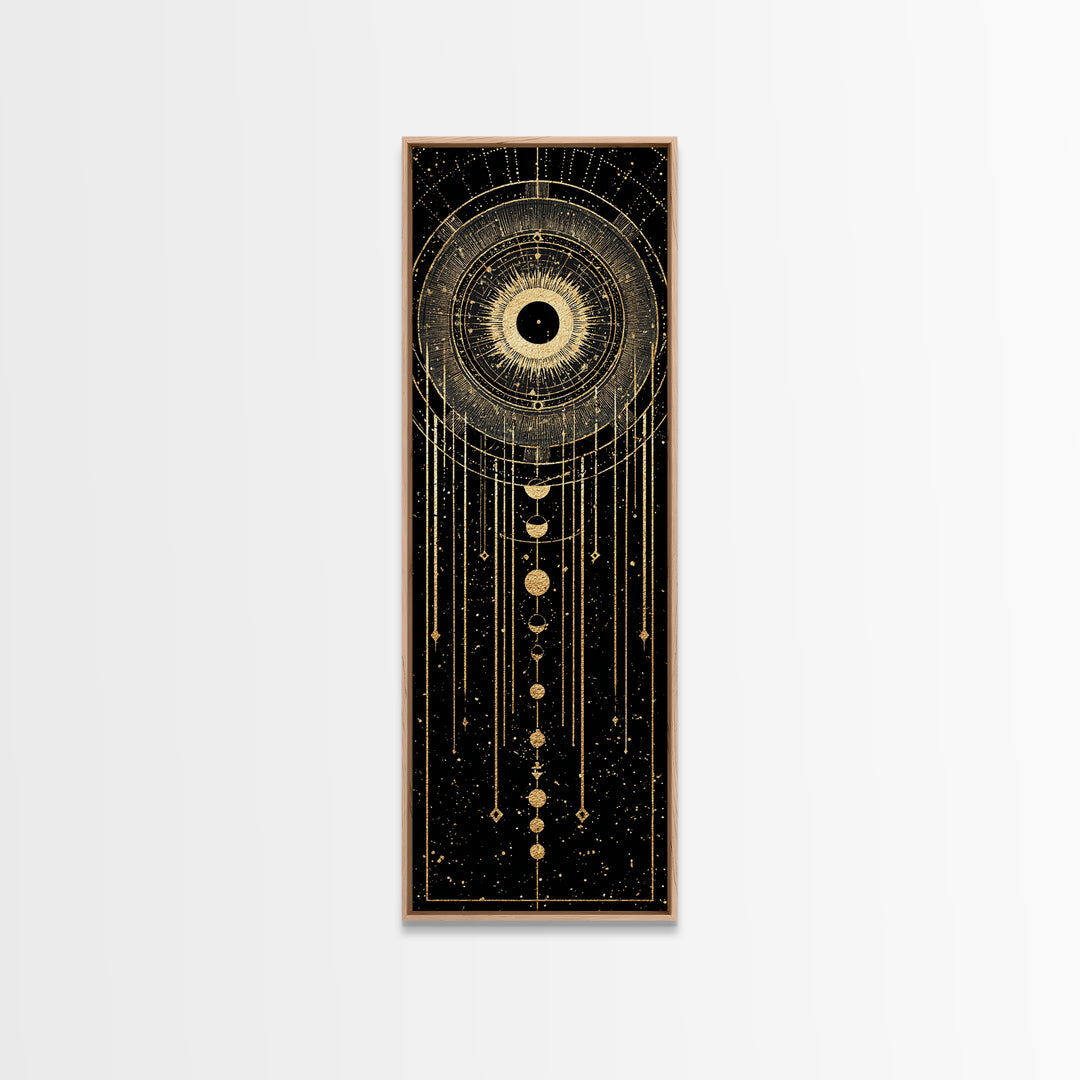 Golden Celestial Eye And Moon Phases Wall Art, African Inspired Spiritual Wall Decor, Mystical Black Gold Canvas Print Gift
