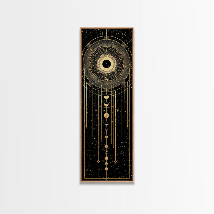 Golden Celestial Eye And Moon Phases Wall Art, African Inspired Spiritual Wall Decor, Mystical Black Gold Canvas Print Gift