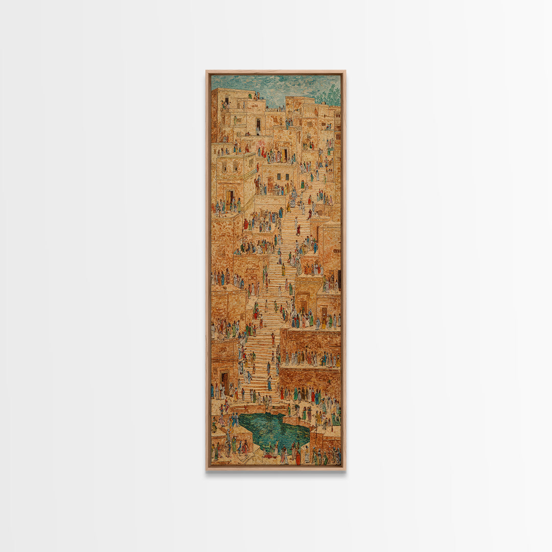 Ancient African Stairway Market Wall Art, Desert Cityscape Canvas Print, Terracotta Cultural Decor, Historic Village Artwork