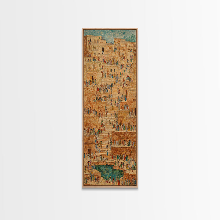 Ancient African Stairway Market Wall Art, Desert Cityscape Canvas Print, Terracotta Cultural Decor, Historic Village Artwork