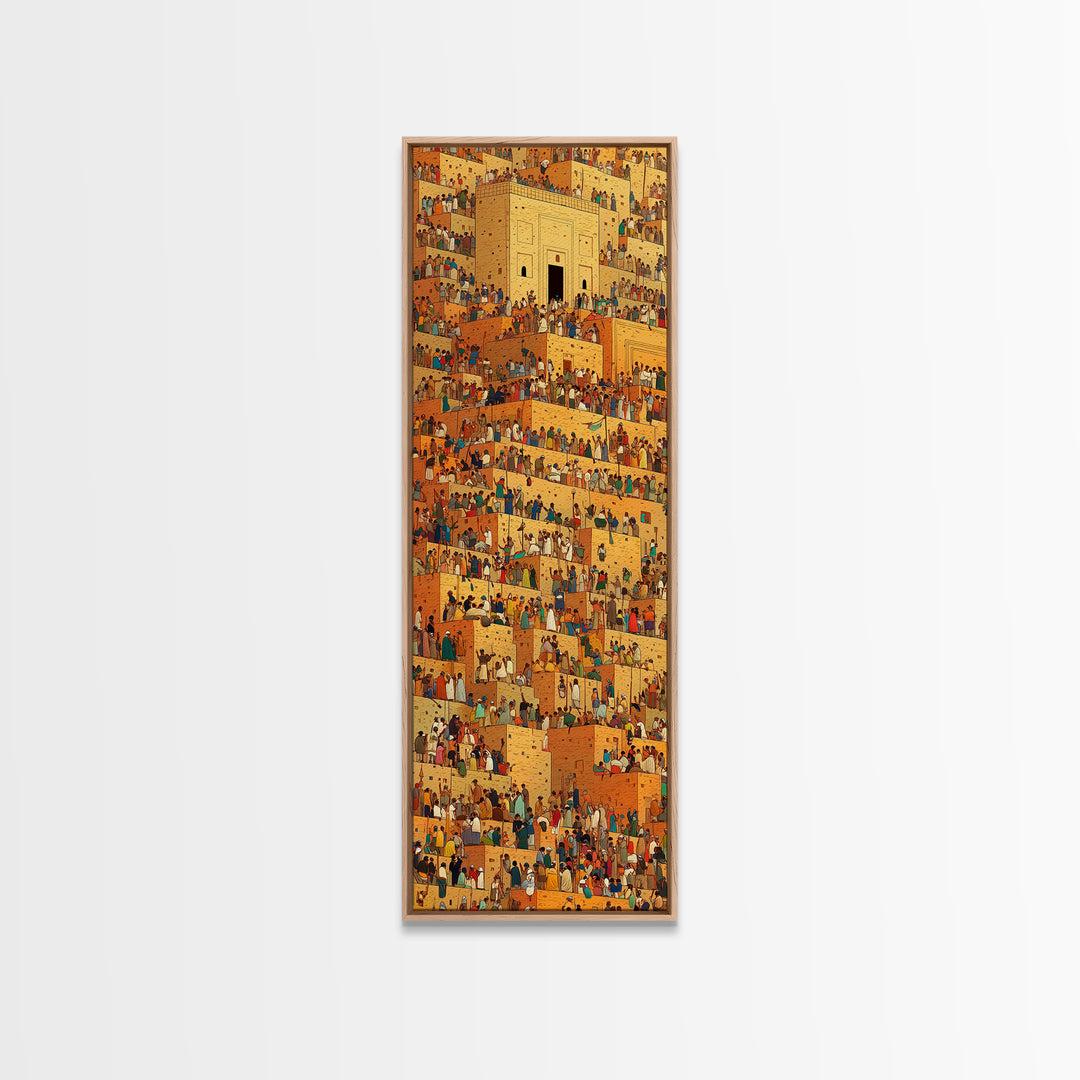 Golden African City Stairs Wall Art, Mud Brick Village Canvas Print, Busy Market Scene, Cultural Home Decor Artwork Poster